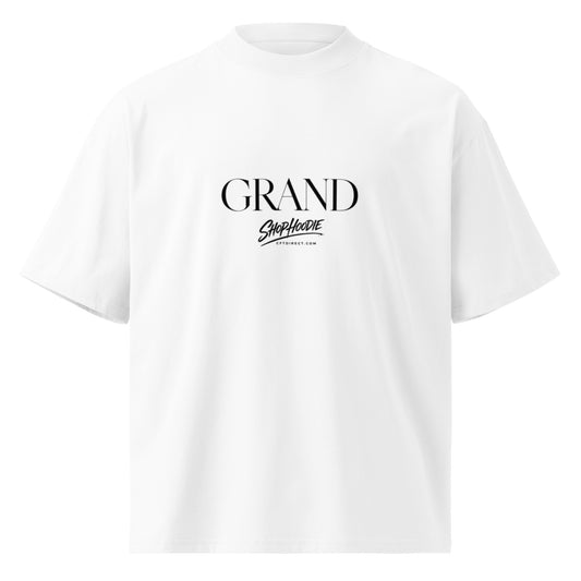 White t-shirt with 'GRAND' and 'SuperHoodie' text on a white background