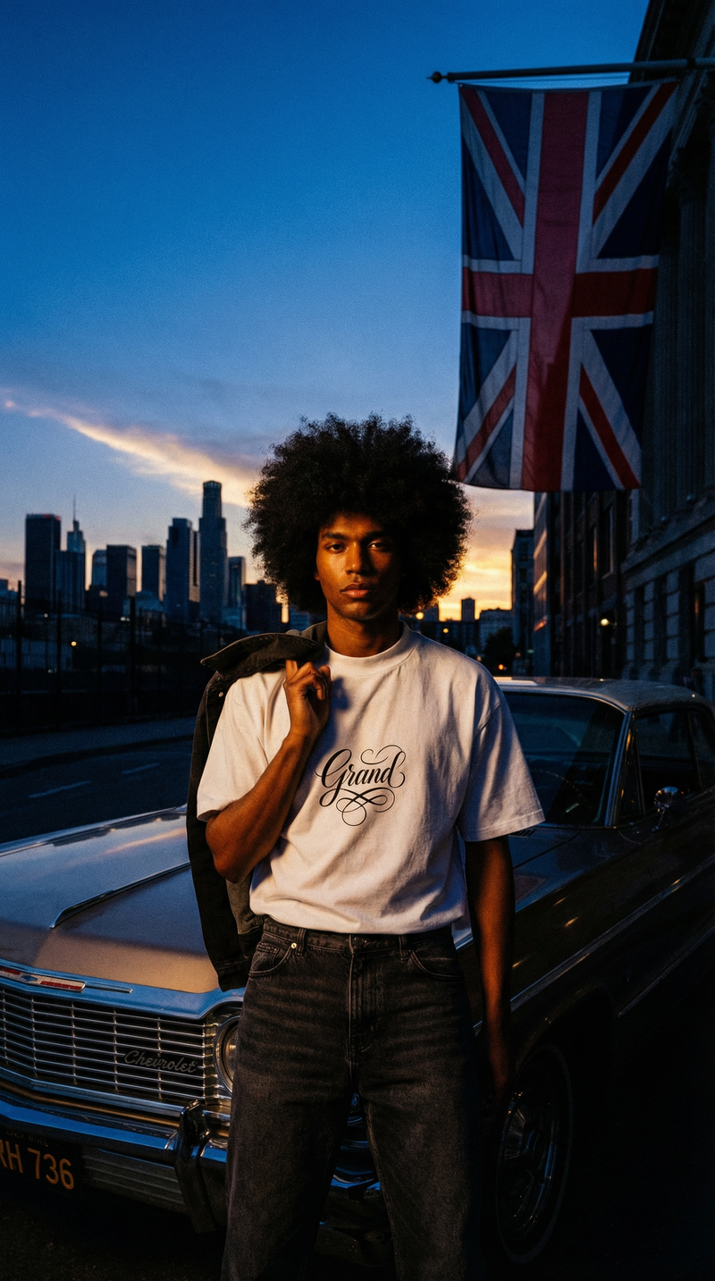 Person standing in front of a vintage car with a city skyline and British flag in the background